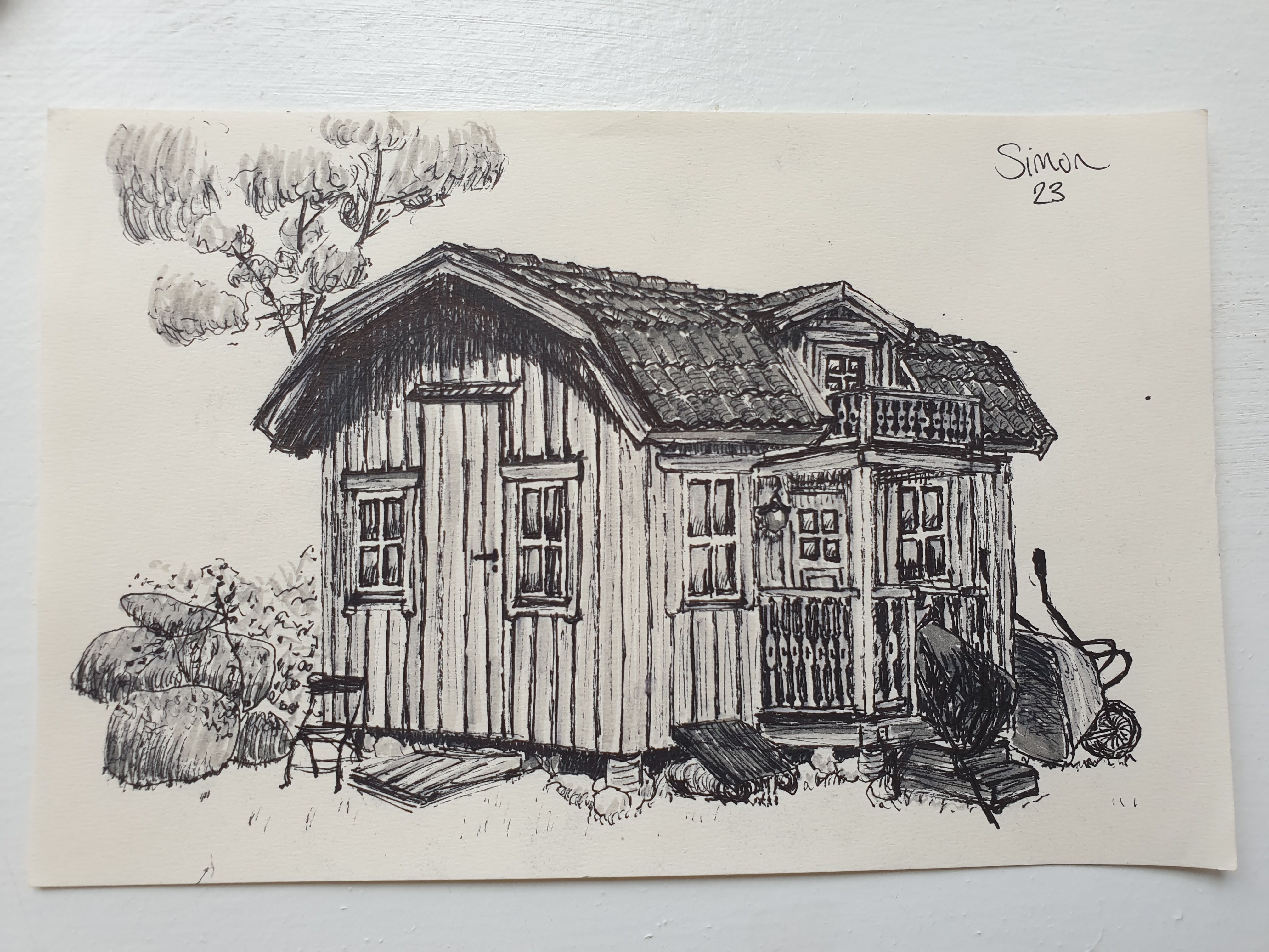 An ink drawing of the play house in my family's garden
