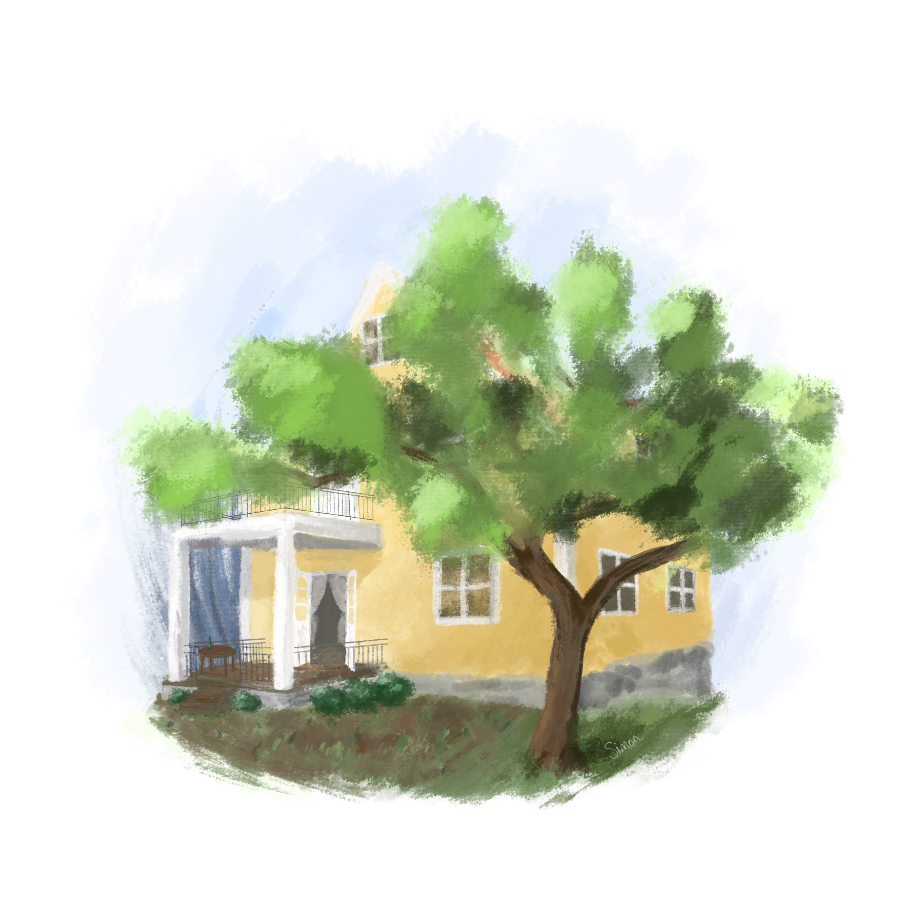A painting of the apple tree in front of our family house