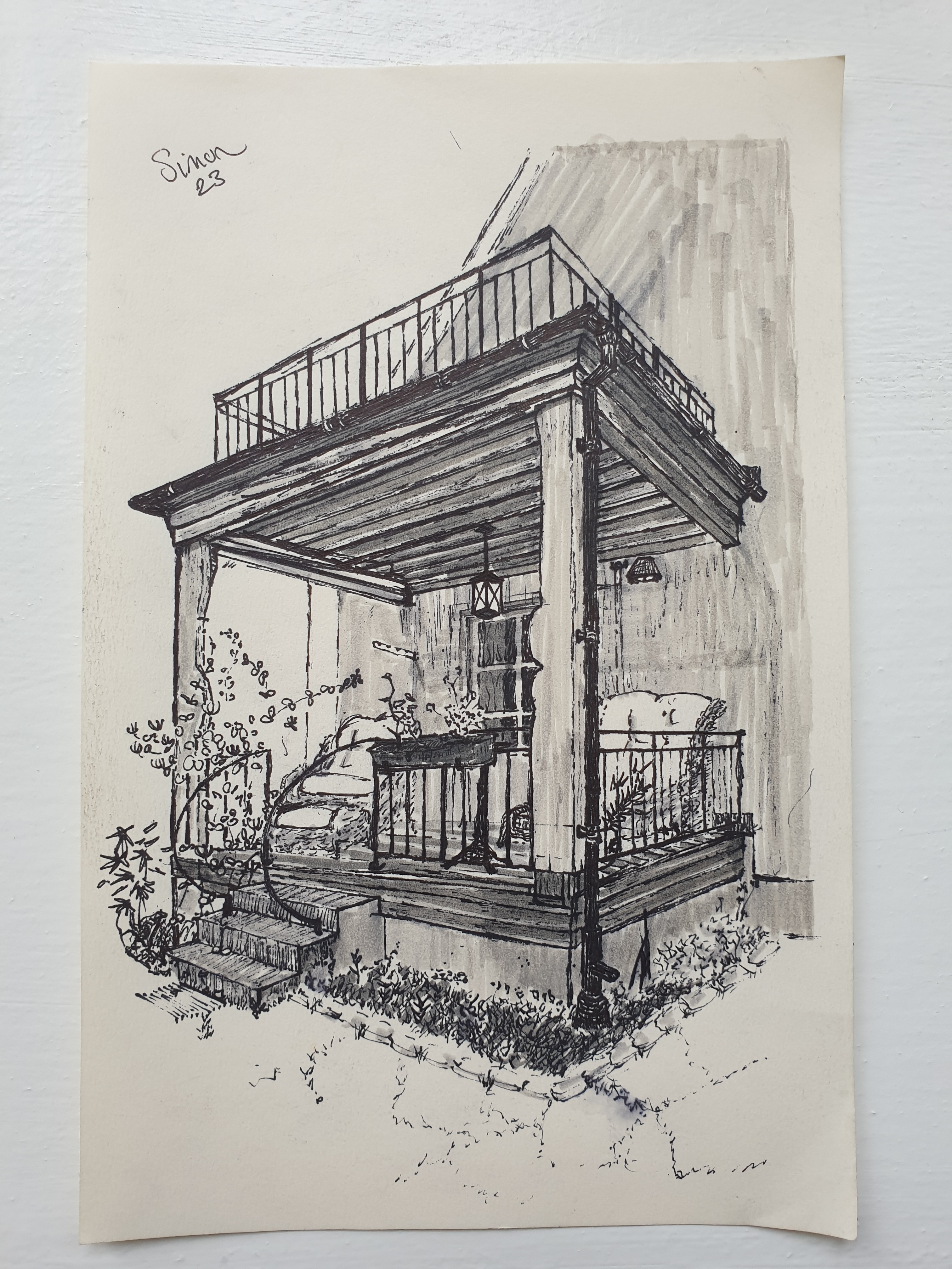 An ink drawing a veranda